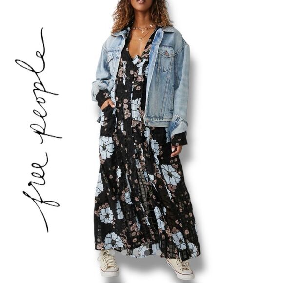 Free People Women’s Back it At Black Floral Maxi Dress in the Size Medium - Picture 7 of 8